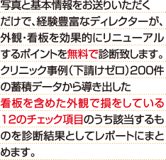 写真と基本情報をお送りいただくだけで、経験豊富なディレクターが、外観・看板を効果的にリニューアルするポイントを無料で診断致します。クリニック事例(下請けゼロ)200件の蓄積データから導き出した看板を含めた外観で損をしている12のチェック項目のうち該当するものを診断結果としてレポートにまとめます。